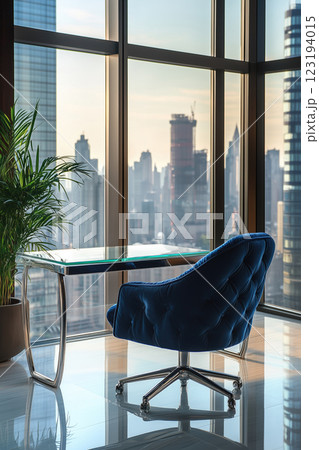 office interior with black armchair and city view 123194015