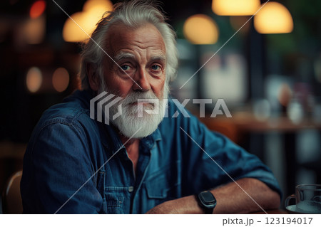 Portrait of an elderly man sitting in a cafe. 123194017