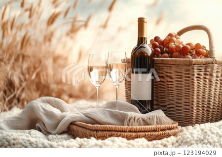 Enjoying a peaceful outdoor picnic with wine and grapes in a serene setting 123194029