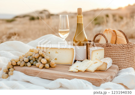 A beautifully arranged picnic features cheese, grapes, and a glass of white wine 123194030