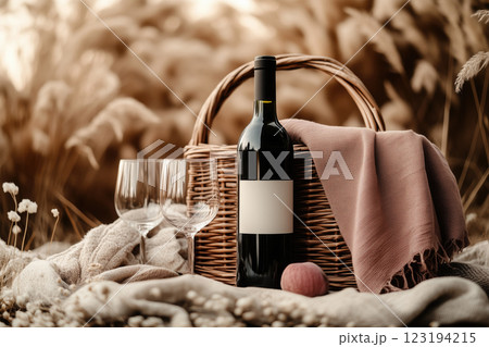 Enjoying a peaceful outdoor picnic with wine in a serene setting 123194215