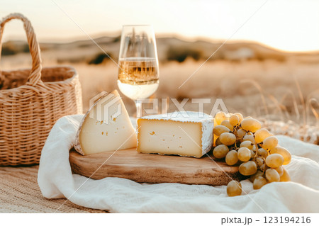 A beautifully arranged picnic features cheese, grapes, and a glass of white wine 123194216