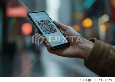 a person scanning a QR code on a smartphone 123194229