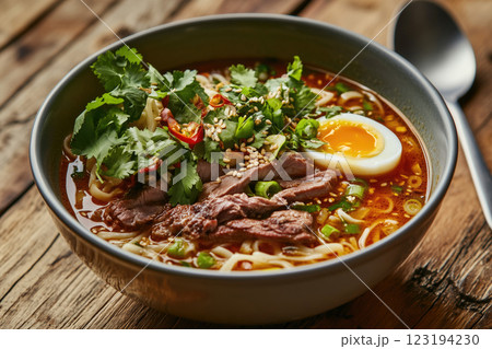 Noodle soup with beef, egg and parsley 123194230