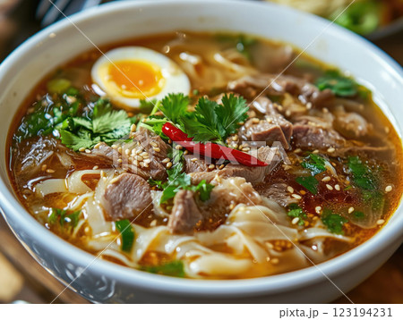 Noodle soup with beef, egg and parsley 123194231