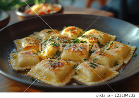 Plate with tasty ravioli with tomato sauce and basil 123194232