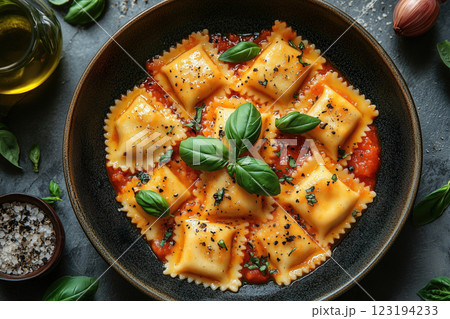 Plate with tasty ravioli with tomato sauce and basil 123194233