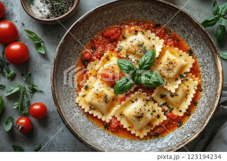 Plate with tasty ravioli with tomato sauce and basil 123194234