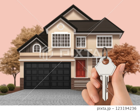 Real estate concept. Hand holding house key. 123194236