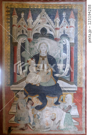 Virgin Mary with baby Jesus, fresco in the Cathedral of Saint Lawrence in Lugano, Switzerland 123194288