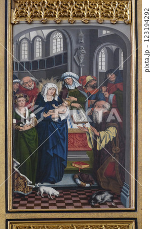 Presentation in the Temple, Twelve Apostles altar in St James Church in Rothenburg ob der Tauber, Germany 123194292
