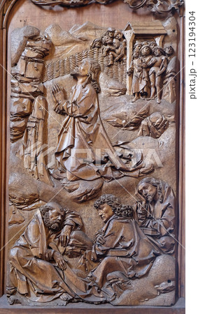 Christ praying in the Garden of Getshemane, altar of the Holy Blood in St James Church in Rothenburg ob der Tauber, Germany 123194304