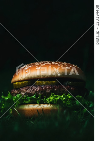 Juicy burger resting on fresh greens under soft light Juicy burger resting on fresh greens under soft light 123194409
