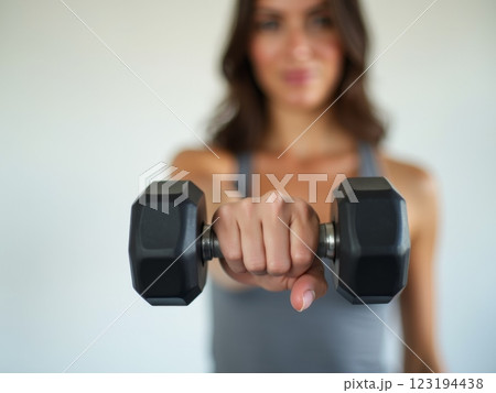 Young Woman Exercising with  Dumbbell, Fitness Workout Training in Bright Modern Interior with Natural Light, Healthy Lifestyle and Wellness Concept 123194438