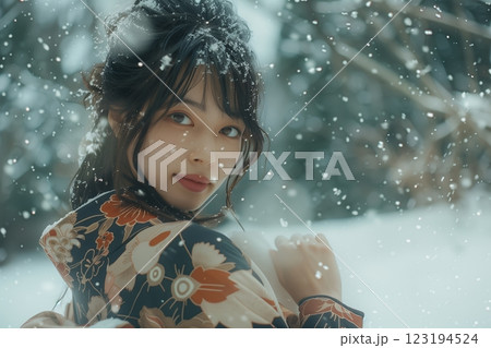 日本人着物ヘアメイクスタイルの美人女性像を生成AIで表現（横写真） 123194524