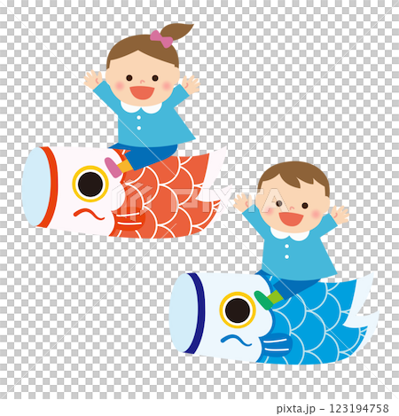 Children's Day: Carp streamers and boys and girls kindergarteners Children's Day: Carp streamers and boys and girls kindergarteners 123194758