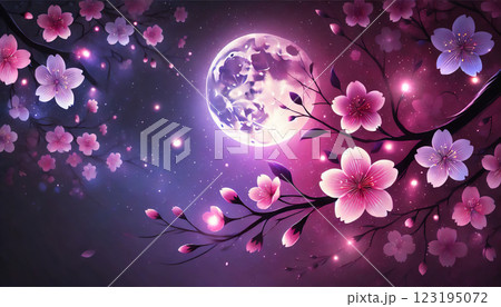 月明かりに照らされた夜桜の幻想的背景 | 和風の静寂なデザイン 123195072
