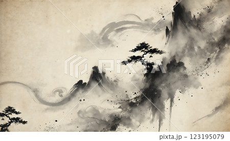 墨絵風の和紙テクスチャ背景 | 伝統的な日本の書道デザイン 123195079