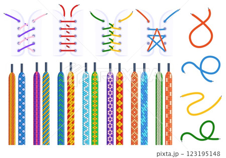 Different shoelaces and lacing. Stylish shoelace geometric design. Sneakers boots laced types. Decorative textile soft ropes, nowaday vector set 123195148