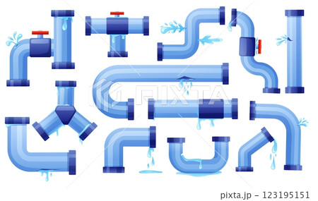 Isolated leaking pipes. Pipe with water drops and puddles. Cartoon industrial metal or plastic system with broken elements, dripping nowaday vector set 123195151