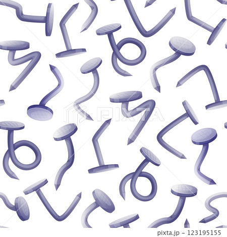 Steel nails seamless pattern. Curved nail stainless various forms, repair connecting carpenter tools. Print design for webpage, fabric, wallpaper, nowaday vector background Steel nails seamless pattern. Curved nail stainless various forms, repair connecting carpenter tools. Print design for webpage, fabric, wallpaper, nowaday vector background 123195155