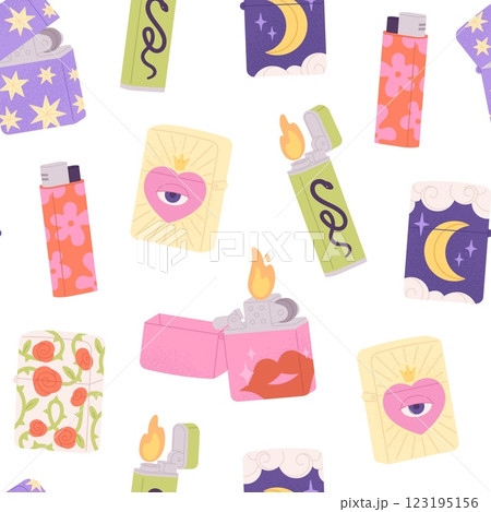 Lighters seamless pattern. Plastic metal lighter with stylish decorative prints. Smoker accessories, fabric wallpaper wrapping template, racy vector background 123195156