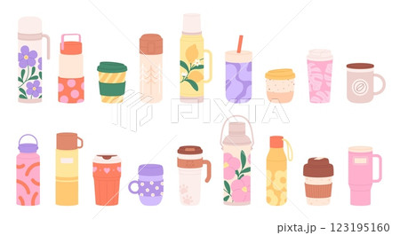Travel thermo mugs. Thermos, reusable cups, tumblers for hot drinks. Touristic camping equipment for coffee tea and beverages, hiking tumbler racy vector set Travel thermo mugs. Thermos, reusable cups, tumblers for hot drinks. Touristic camping equipment for coffee tea and beverages, hiking tumbler racy vector set 123195160