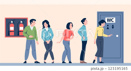 Queue to public toilet. Men women want peeing or pooping and stang in waiting line. Restroom in mall, theater, cinema. Health care, natural need recent vector scene Queue to public toilet. Men women want peeing or pooping and stang in waiting line. Restroom in mall, theater, cinema. Health care, natural need recent vector scene 123195165
