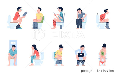 People sitting on toilets. Male female with gadgets on toilet, reading news, looking social media. Reading book in bathroom, pooping process, recent vector set 123195166