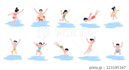 Children jump in water. Happy kids play in ocean sea pond or lake. Summer outdoor recreation, beach vacations and holidays, recent vector characters 123195167