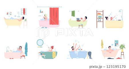 People in bath. Bathing time, woman man taking baths. Personal hygiene and relax time in bathroom with soap bubbles, glass of wine, tea, recent vector scenes 123195170