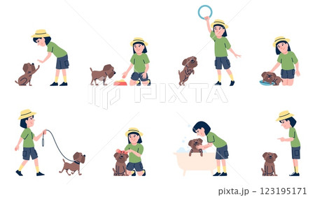 Girl care dog. Little kid spend time with puppy. Pet training, bath time, feeding and caring. Teaching child responsibility and friendship, recent vector set Girl care dog. Little kid spend time with puppy. Pet training, bath time, feeding and caring. Teaching child responsibility and friendship, recent vector set 123195171
