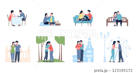 Romantic dating scenes. Couples in love meet in park, city, date in restaurant or cafe. Men women spend time together outside, recent vector concept 123195172