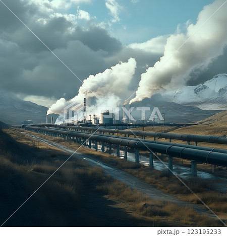 Industrial Plant with Pipes and Smoke Stacks Against Snowy Mountains sky day oil smog grey blue cold 123195233