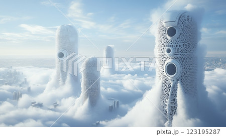 Futuristic Cloud City Towers: White Architectural Design calm eerie serene blue sky peaceful 123195287