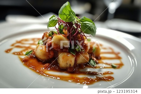 Delicious Potato Gnocchi with Tomato Sauce, Basil, and Gourmet Presentation meal herb menu pasta 123195314