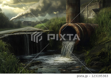 Industrial Pollution: Rusty Pipe Draining Waste into Creek near Factory with Smoky Stack dark road 123195363