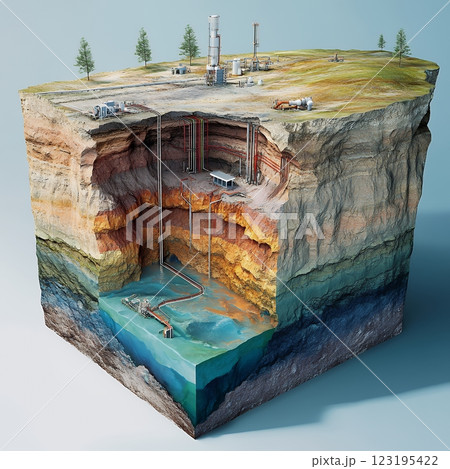 Cross-Section View of Offshore Oil and Gas Extraction Platform sea rock blue gray fuel pipes earth Cross-Section View of Offshore Oil and Gas Extraction Platform sea rock blue gray fuel pipes earth 123195422