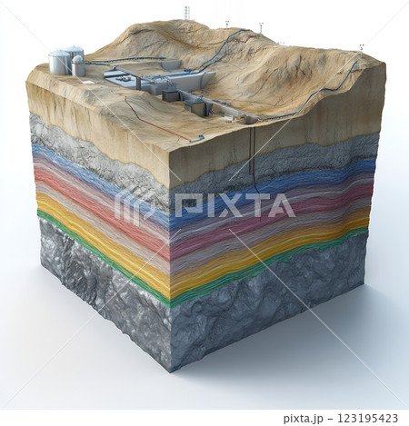 Cross Section View of Oil Refinery on Desert Terrain with Colorful Geological Layers 3d gas sand Cross Section View of Oil Refinery on Desert Terrain with Colorful Geological Layers 3d gas sand 123195423