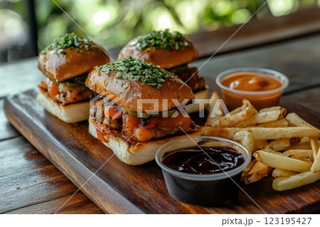 Delicious Mini BBQ Pulled Pork Sliders with Fries and Sauce eat meat meal food tasty lunch snack 123195427