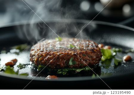 Juicy Sizzling Beef Burger Patty Cooking on Pan with Herbs hot meat meal food grill steam smoke 123195490