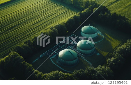 Aerial View of Three Modern Biogas Digesters in Green Landscape plant rural trees tanks pipes nature 123195491