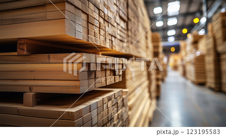 A stack of wooden bars neatly arranged inside a warehouse that sells construction materials, construction material. Created with Generative AI. 123195583