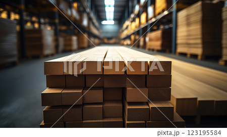 A stack of wooden bars neatly arranged inside a warehouse that sells construction materials, construction material. Created with Generative AI. 123195584