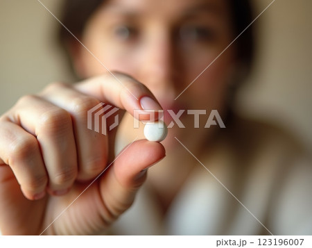 Healthcare and Wellness Lifestyle Close-up of Hand Holding  Supplement Capsule, pill with Soft Focus Portrait in Natural Light  123196007