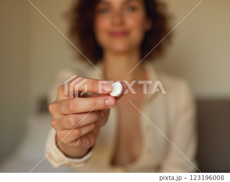 Healthcare and Wellness Lifestyle Close-up of Hand Holding  Supplement Capsule, pill with Soft Focus Portrait in Natural Light  123196008