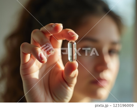 Healthcare and Wellness Lifestyle Close-up of Hand Holding  Supplement Capsule, pill with Soft Focus Portrait in Natural Light  123196009