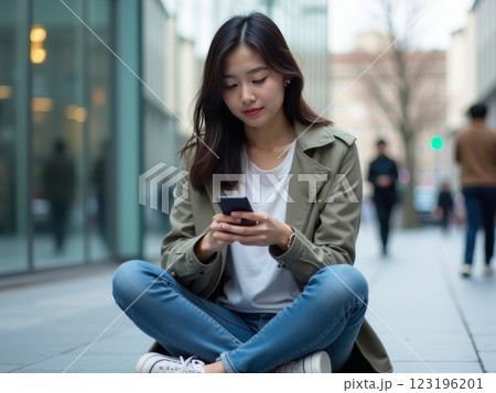 Person in casual clothing sitting outdoors at a modern urban location, holding a smartphone, with a contemporary cityscape and architectural details in the background. 123196201