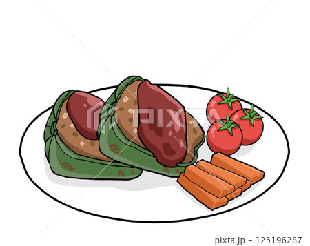 お皿にのったピーマンの肉詰めのイラスト お皿にのったピーマンの肉詰めのイラスト 123196287