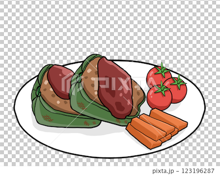 お皿にのったピーマンの肉詰めのイラスト お皿にのったピーマンの肉詰めのイラスト 123196287